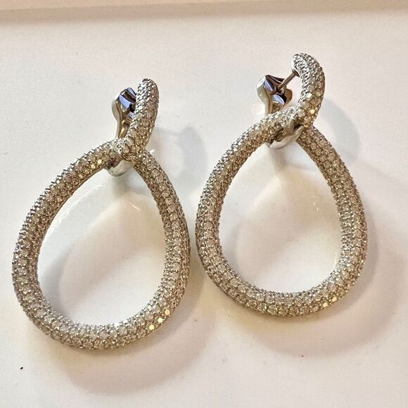 Sterling Silver Rhodium-plated 716 Stone Pavé CZ Hinged Teardrop Hoop Earrings - Picture 6 of 11
